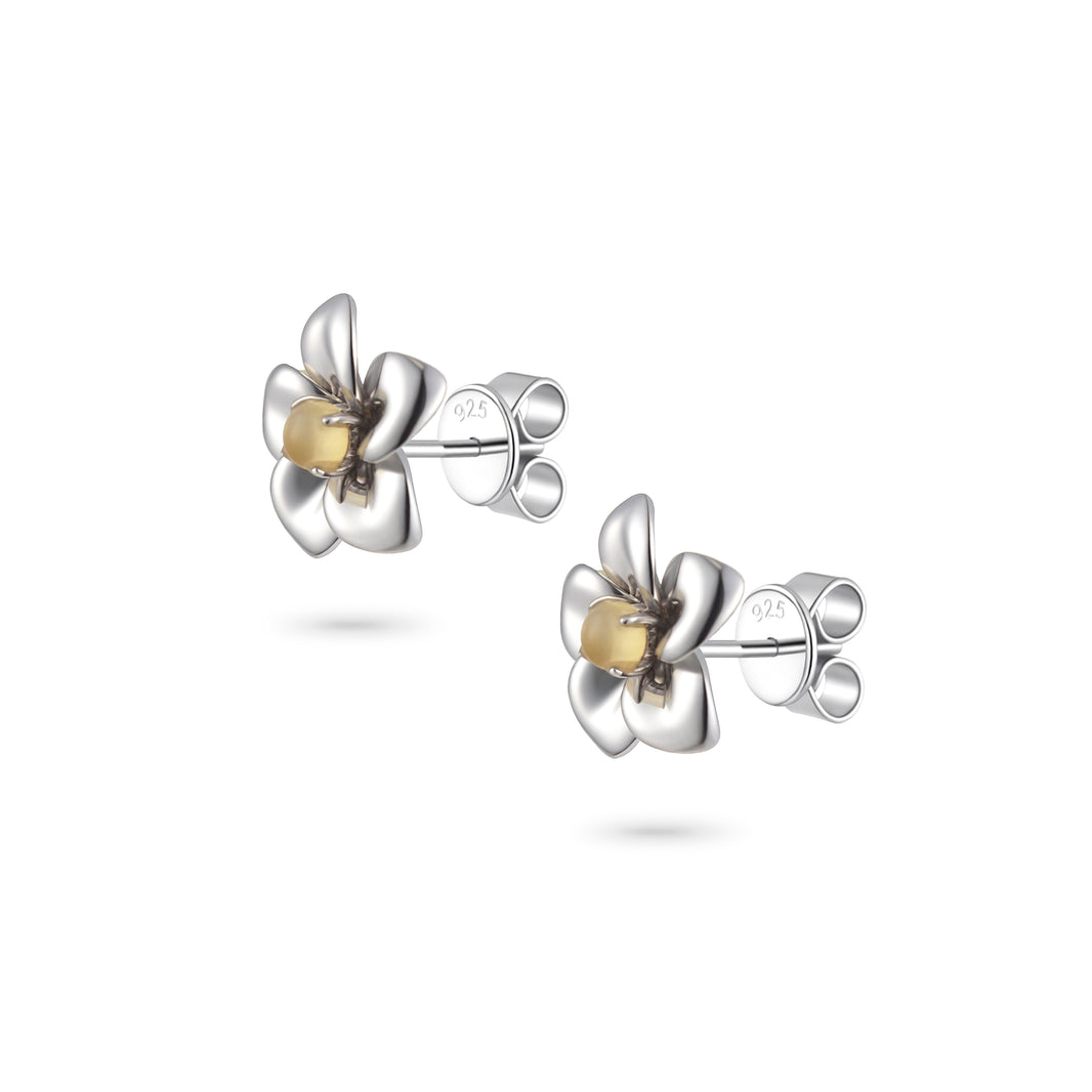 Fragrant Plumeria Amber Earrings - Silver